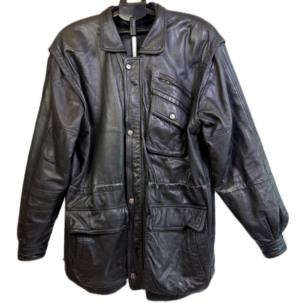 Mens Black Leather Field Jacket Oklahoma State Seal Buttons Utility Coat 46